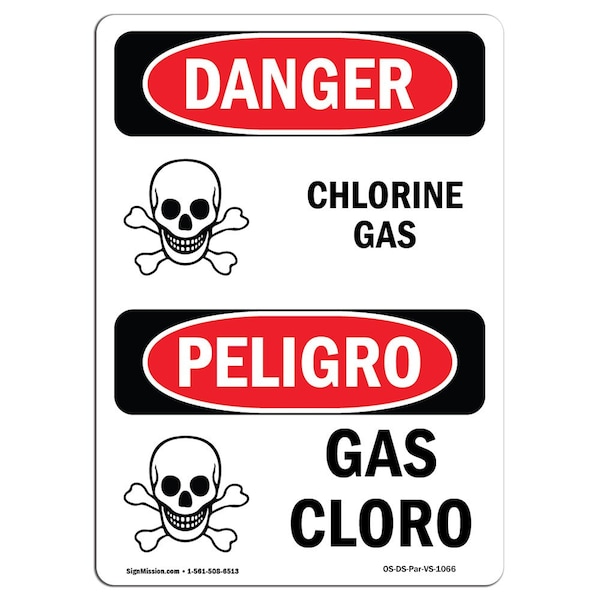 Safety Sign, OSHA Danger, 5" Height, Chlorine Gas, Bilingual Spanish, 10PK